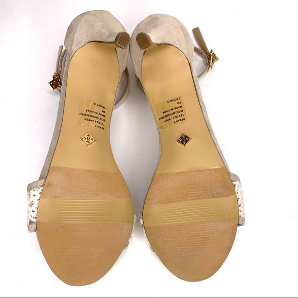 Nanette Lepore Ankle Strap Sandal ‘Beauty’ Heel Crochet Detail Faux Suede Tan 8 - Picture 12 of 14